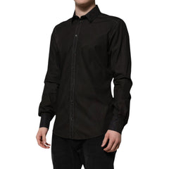 Dolce & Gabbana Black Cotton Jacquard GOLD Collar Dress Shirt