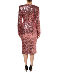 Dolce & Gabbana Pink Sequin Statement Nylon Midi V-Neck Dress