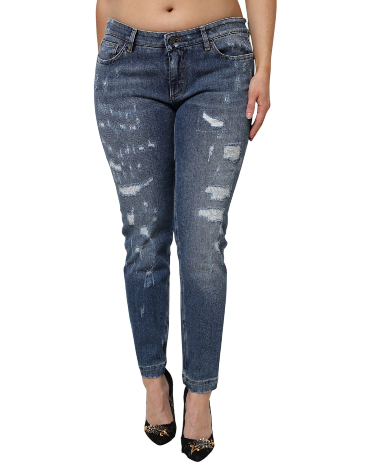 Dolce & Gabbana Blue Tattered Cotton Low Waist Denim Jeans