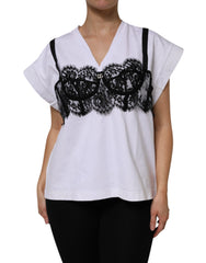 Dolce & Gabbana White Lace Cotton V-Neck Short Sleeves Top