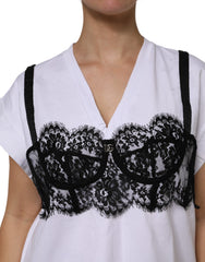 Dolce & Gabbana White Lace Cotton V-Neck Short Sleeves Top