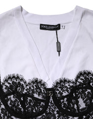 Dolce & Gabbana White Lace Cotton V-Neck Short Sleeves Top