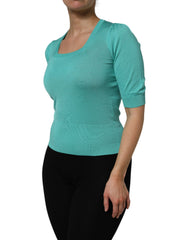 Dolce & Gabbana Aqua Blue Silk Short Sleeves Square Neck Top