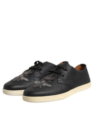 Dolce & Gabbana Black Leather Bee Crown Low Top Sneakers Shoes