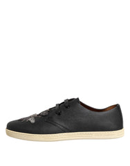 Dolce & Gabbana Black Leather Bee Crown Low Top Sneakers Shoes