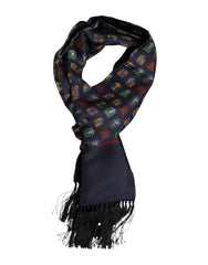 Dolce & Gabbana Blue Silk Printed Fringes Foulard Scarf