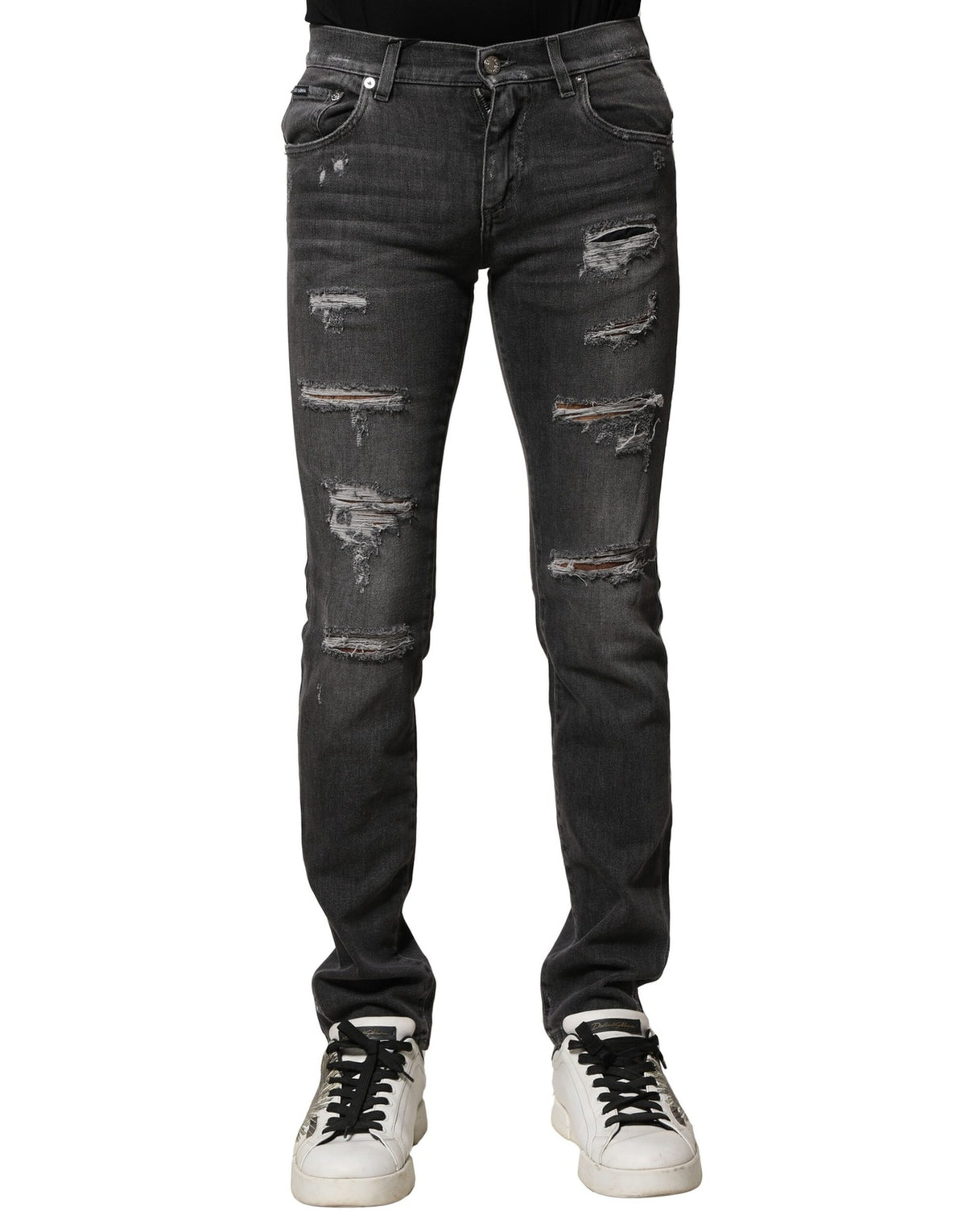 Dolce & Gabbana Black Washed Tattered Slim Fit Denim Jeans