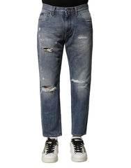 Dolce & Gabbana Blue Washed Tattered Straight Fit Denim Jeans