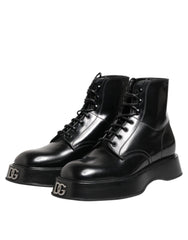 Dolce & Gabbana Black Leather Logo Ankle Boots Lace Up Shoes
