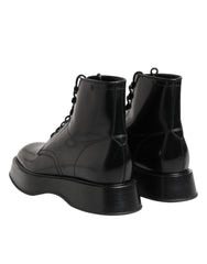 Dolce & Gabbana Black Leather Logo Ankle Boots Lace Up Shoes