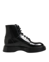 Dolce & Gabbana Black Leather Logo Ankle Boots Lace Up Shoes