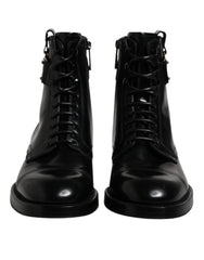 Dolce & Gabbana Black Leather Mid Calf Boots Lace Up Shoes