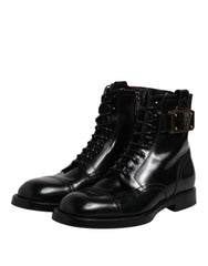 Dolce & Gabbana Black Leather Mid Calf Boots Lace Up Shoes