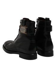 Dolce & Gabbana Black Leather Mid Calf Boots Lace Up Shoes