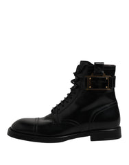 Dolce & Gabbana Black Leather Mid Calf Boots Lace Up Shoes