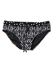 Dolce & Gabbana Black Floral Logo Beachwear Men Brief Swimwear