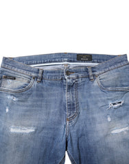 Dolce & Gabbana Blue Washed Tattered Logo Plaque Denim Jeans