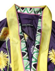 Dolce & Gabbana Blue Floral Print Silk Long Sleeves Wrap Robe