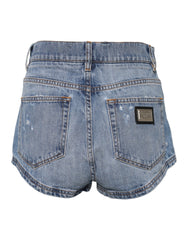 Dolce & Gabbana Blue Logo Plaque Denim Cotton Hot Pants Shorts