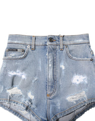 Dolce & Gabbana Blue Tattered Denim Cotton Hot Pants Shorts