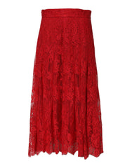 Dolce & Gabbana Red Cotton Floral Lace A-line Long Maxi Skirt