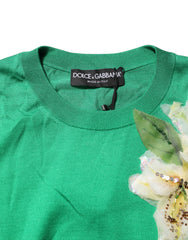 Dolce & Gabbana Green Floral Detailing Silk Pullover Sweater