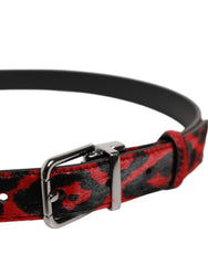 Dolce & Gabbana Black Red Leopard Silver Metal Buckle Belt