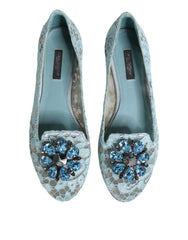 Dolce & Gabbana Blue Lace Crystal Ballet Flats Loafers Shoes