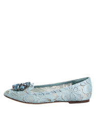 Dolce & Gabbana Blue Lace Crystal Ballet Flats Loafers Shoes