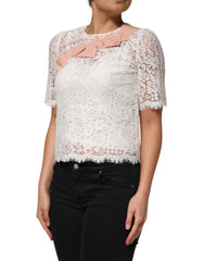 Dolce & Gabbana White Floral Lace Short Sleeves Blouse Top