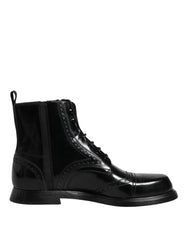 Dolce & Gabbana Black Leather Lace Up Mid Calf Boots Shoes
