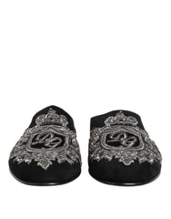 Dolce & Gabbana Black Velvet Slides DG Crown Slipper Shoes