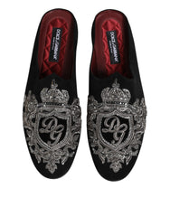 Dolce & Gabbana Black Velvet Slides DG Crown Slipper Shoes