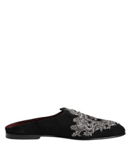 Dolce & Gabbana Black Velvet Slides DG Crown Slipper Shoes
