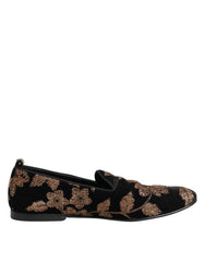 Dolce & Gabbana Black Floral Embroidery Men Loafers Shoes