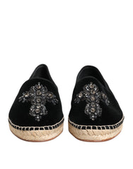 Dolce & Gabbana Black Cross Crystal Slip On Espadrille Shoes