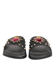 Dolce & Gabbana Black Rubber Sacred Heart Slides Men Beachwear Shoes