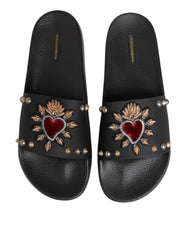 Dolce & Gabbana Black Rubber Sacred Heart Slides Men Beachwear Shoes