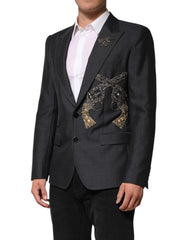 Dolce & Gabbana Dark Gray Bee Embroidery Wool Coat Blazer