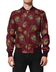 Dolce & Gabbana Maroon Peacock Feather Print Bomber Jacket