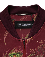 Dolce & Gabbana Maroon Peacock Feather Print Bomber Jacket