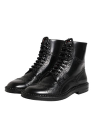 Dolce & Gabbana Black Leather Lace Up Mid Calf Boots Shoes