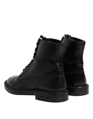 Dolce & Gabbana Black Leather Lace Up Mid Calf Boots Shoes