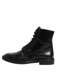 Dolce & Gabbana Black Leather Lace Up Mid Calf Boots Shoes