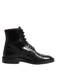 Dolce & Gabbana Black Leather Lace Up Mid Calf Boots Shoes