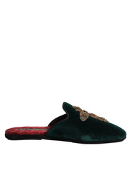 Dolce & Gabbana Green Velvet Cross Embellished Slippers Shoes