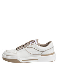 Dolce & Gabbana White Brown Leather Low Top Men Sneakers Shoes