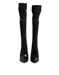 Dolce & Gabbana Black Leather Ribbed Knit Knee Boots Shoes