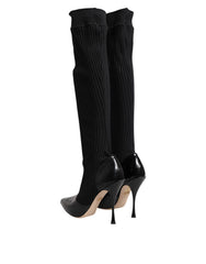 Dolce & Gabbana Black Leather Ribbed Knit Knee Boots Shoes