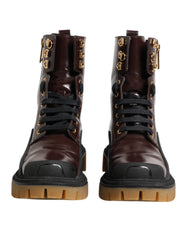 Dolce & Gabbana Maroon Leather Mid Calf Biker Boots Shoes
